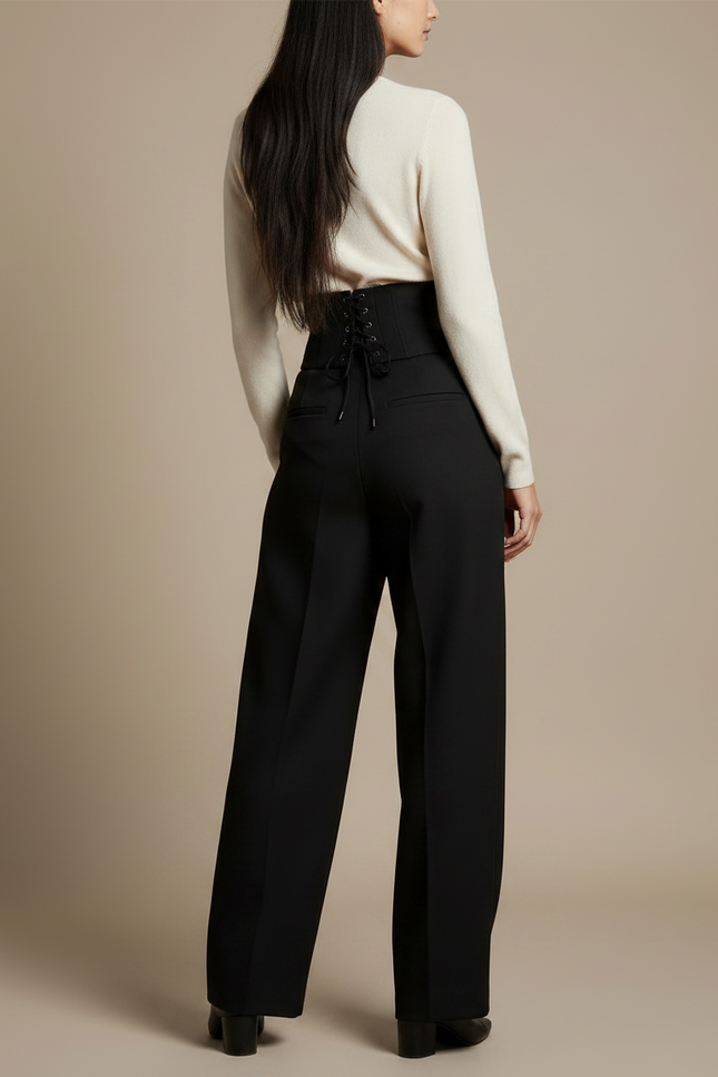 Pantalon Noir Taille Haute Cordon Large Ample - Gabardine - vue 2