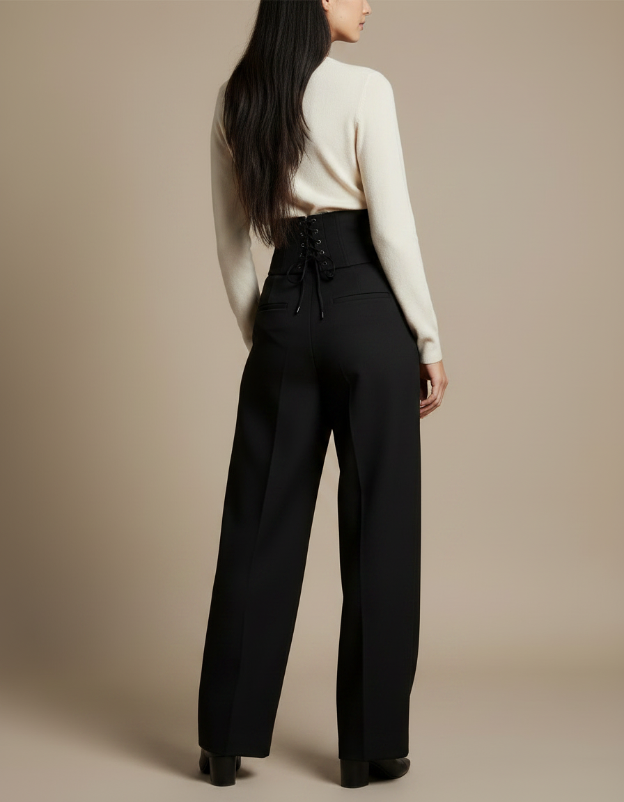 Pantalon Noir Taille Haute Cordon Large Ample - Gabardine - vue 2