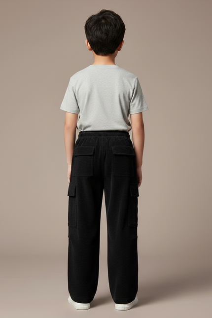 Pantalon Noir Côtelé Ample Décontracté Enfant Poches - Cordé - vue 2