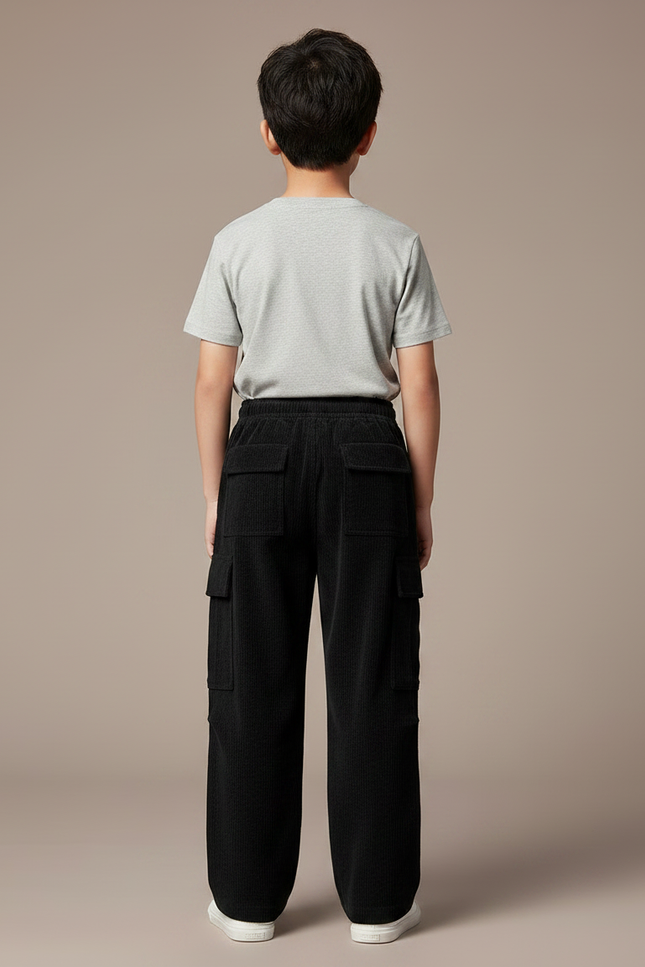 Pantalon Noir Côtelé Ample Décontracté Enfant Poches - Cordé - vue 2