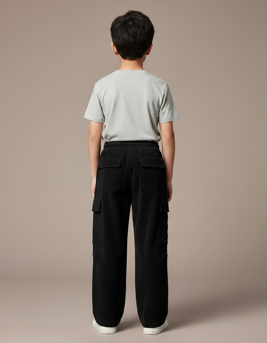 Pantalon Noir Côtelé Ample Décontracté Enfant Poches - Cordé - vue 2