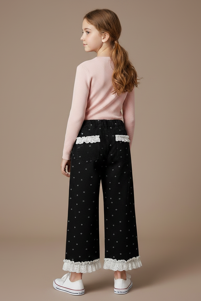 Pantalon Noir Fille Ample Pois Dentelle Volants - Maille - vue 2