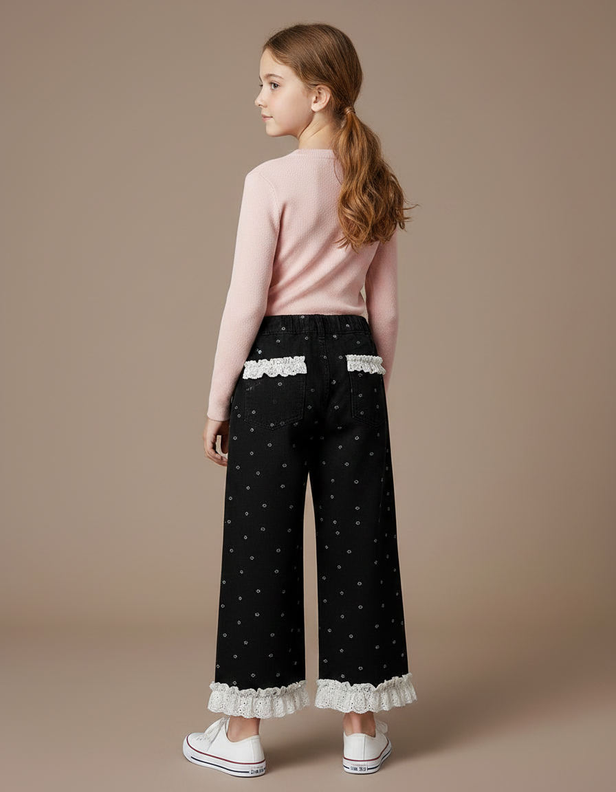 Pantalon Noir Fille Ample Pois Dentelle Volants - Maille - vue 2