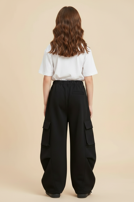 Pantalon Noir Cargo Ample Denim Splicé Fille - Polyester - vue 2