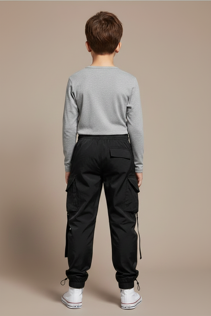 Pantalon Noir Cargo Garçon Poches Multiples Streetwear - Polyester - vue 2