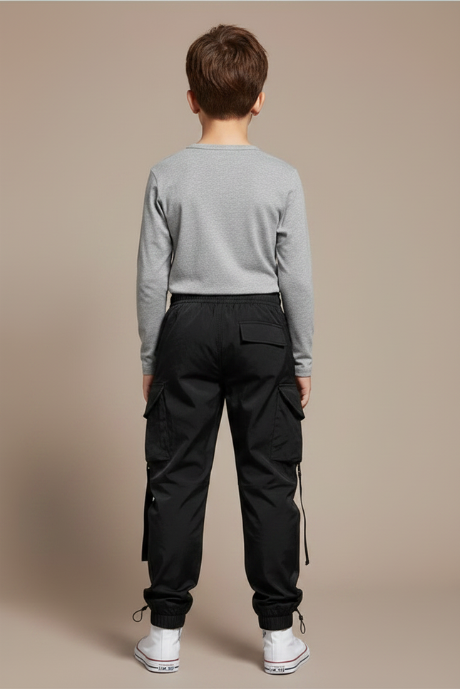 Pantalon Noir Cargo Garçon Poches Multiples Streetwear - Polyester - vue 2