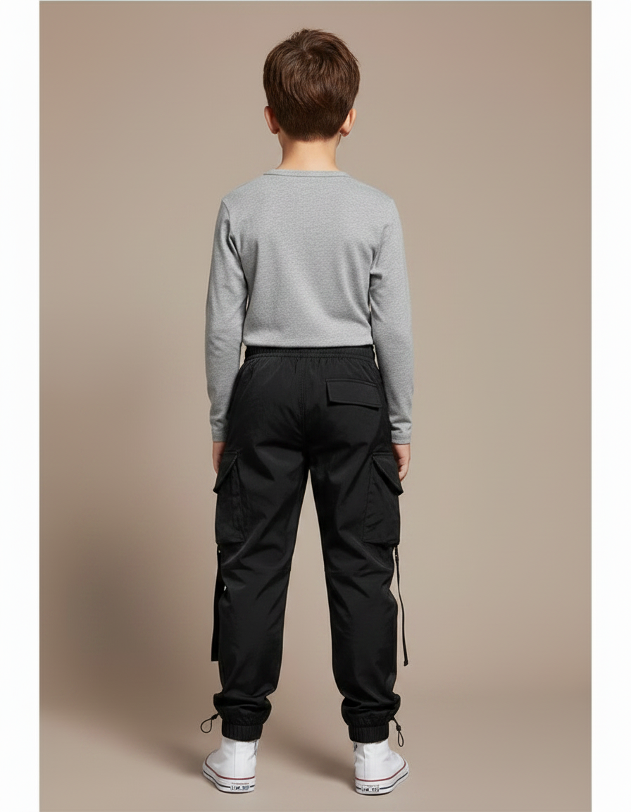 Pantalon Noir Cargo Garçon Poches Multiples Streetwear - Polyester - vue 2
