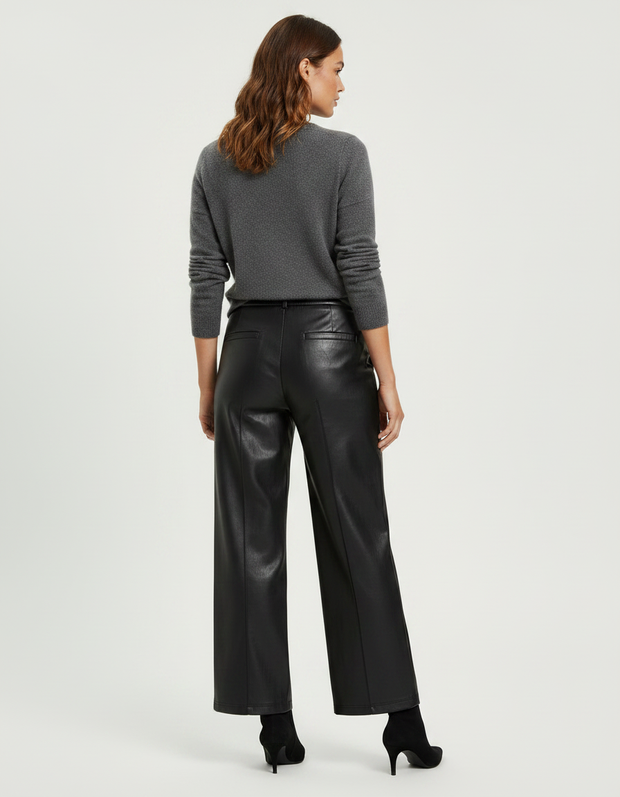 Pantalon Noir Simili Cuir Large Taille Haute - vue 2