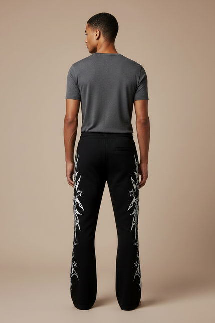 Pantalon Noir Évasé Imprimé Étoiles Streetwear - Molleton - vue 2