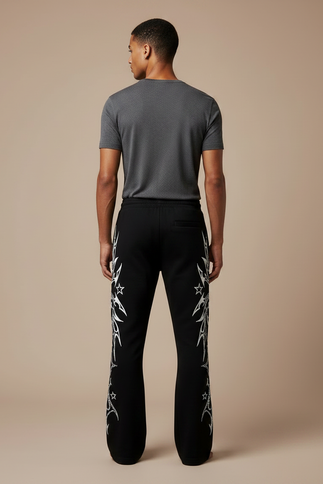 Pantalon Noir Évasé Imprimé Étoiles Streetwear - Molleton - vue 2