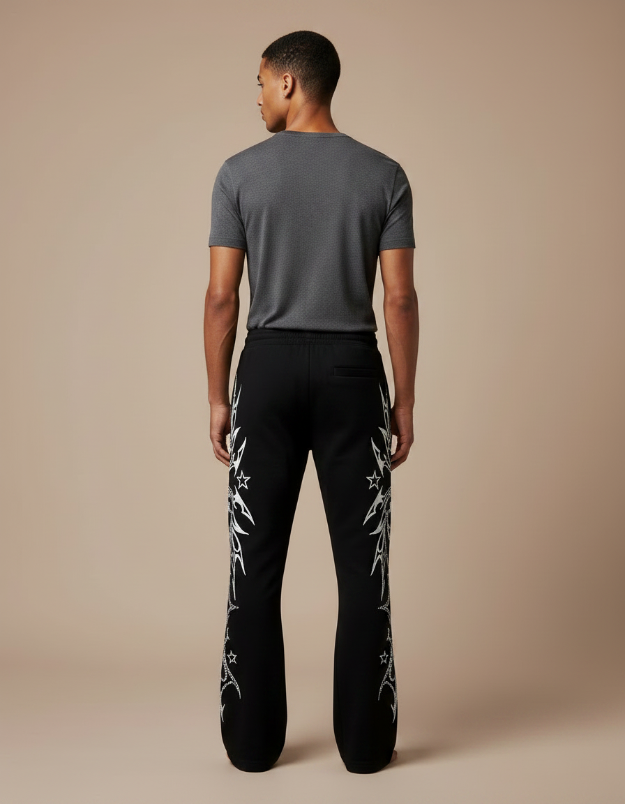 Pantalon Noir Évasé Imprimé Étoiles Streetwear - Molleton - vue 2
