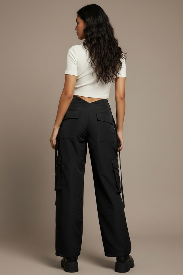 Pantalon Noir Cargo Ample Taille Basse Femme - Polyester - vue 2