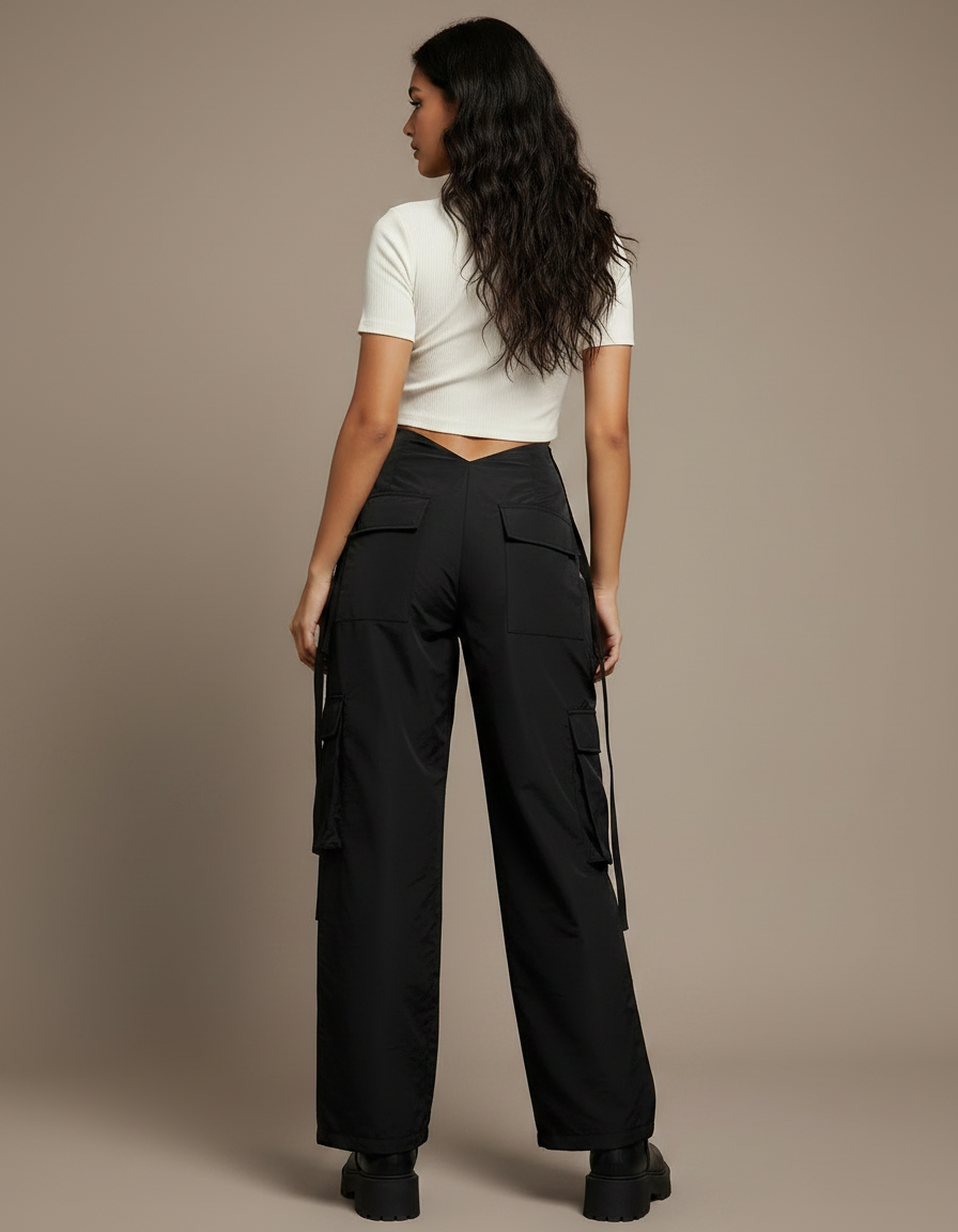 Pantalon Noir Cargo Ample Taille Basse Femme - Polyester - vue 2
