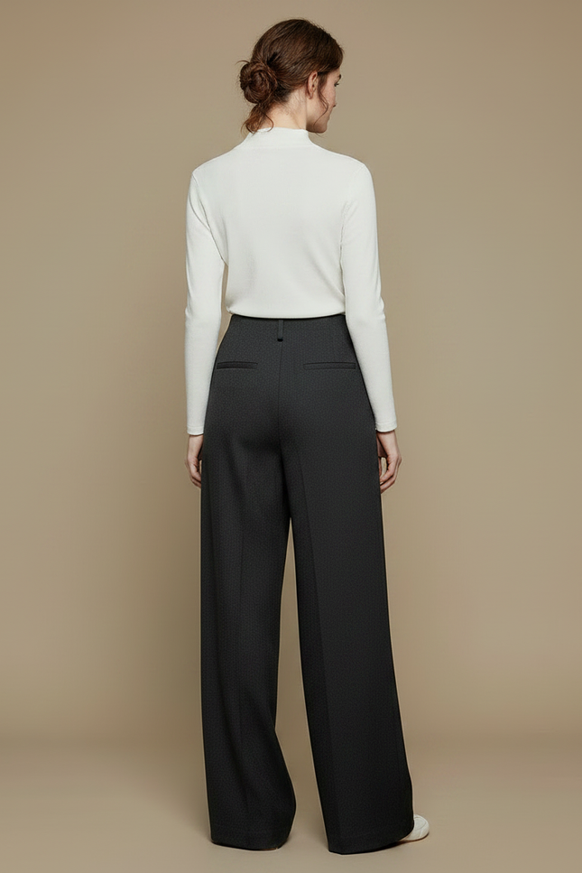 Pantalon Noir Femme Ample Taille Haute Élégant - Gabardine - vue 2