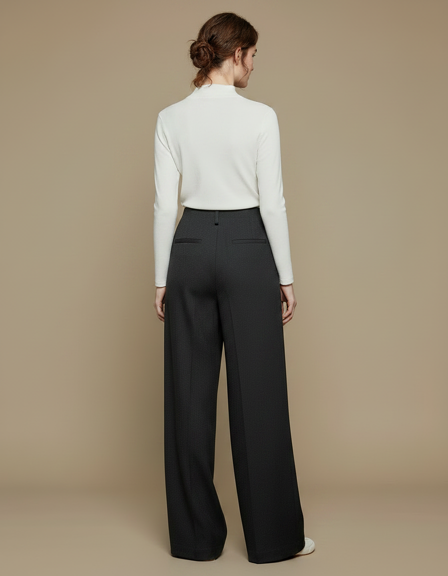 Pantalon Noir Femme Ample Taille Haute Élégant - Gabardine - vue 2