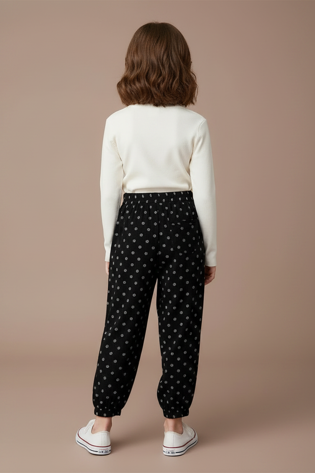 Pantalon Noir Côtelé Ample Décontracté Motifs Points - Cordé - vue 2