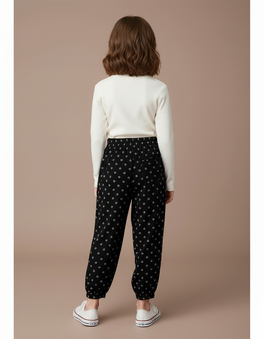 Pantalon Noir Côtelé Ample Décontracté Motifs Points - Cordé - vue 2