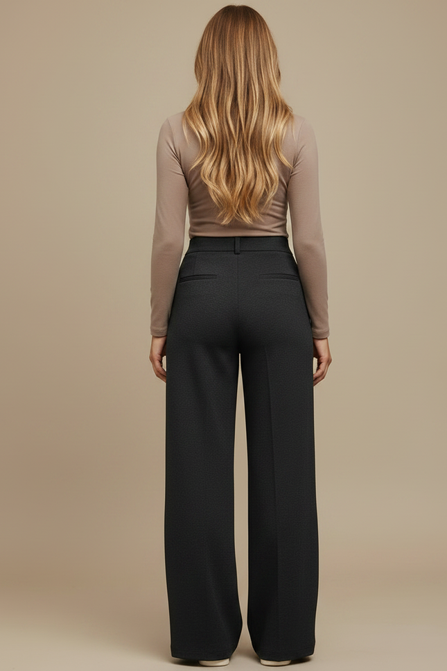 Pantalon Noir Ample Taille Haute Plissé Femme - Polyester - vue 2