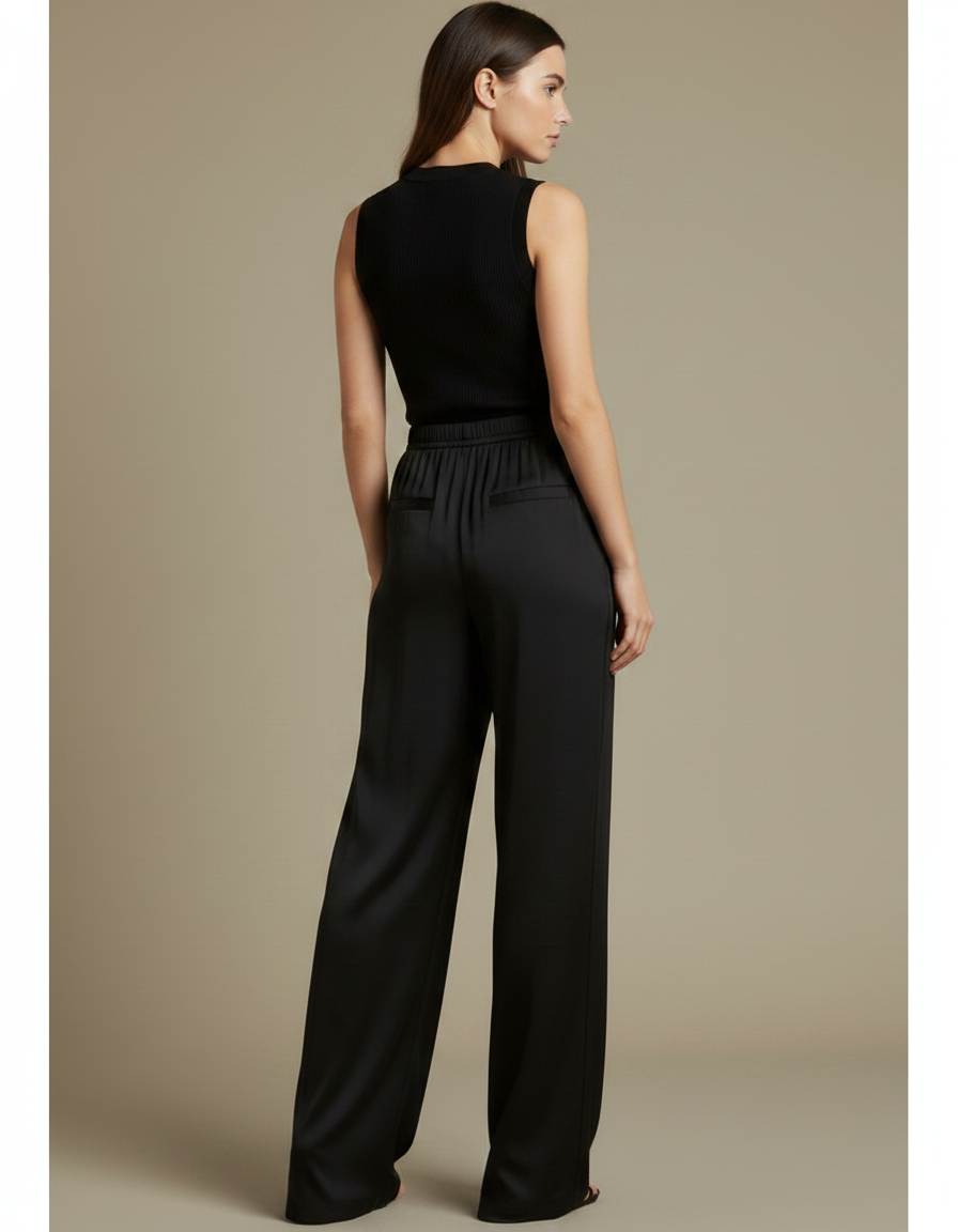 Pantalon Noir Fluide Ample Satiné Élégant Femme - vue 2