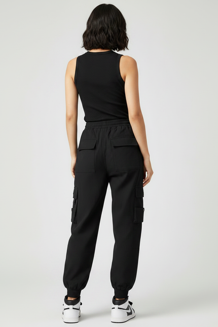 Pantalon Noir Cargo Ample Taille Haute Cordon - Polyester - vue 2