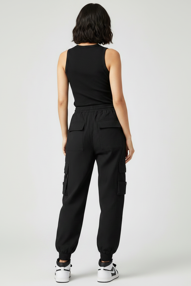 Pantalon Noir Cargo Ample Taille Haute Cordon - Polyester - vue 2