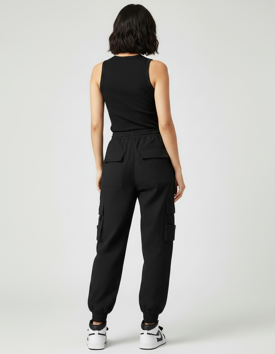 Pantalon Noir Cargo Ample Taille Haute Cordon - Polyester - vue 2