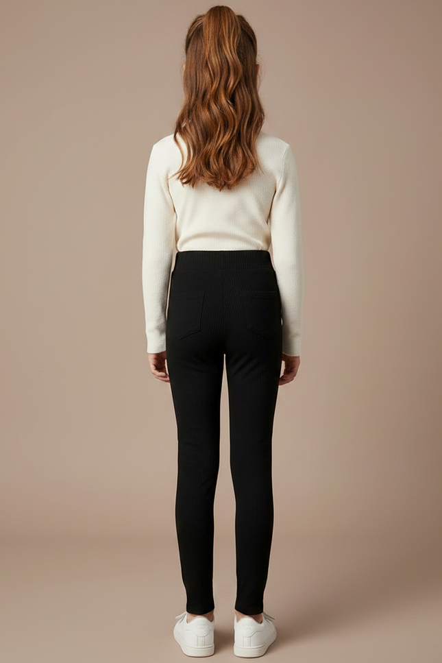 Pantalon Noir Côtelé Élastique Fille Confortable Slim - Maille - vue 2