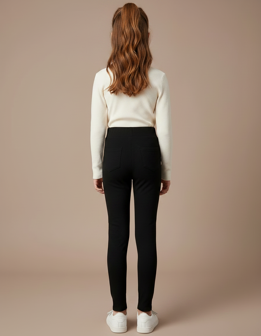 Pantalon Noir Côtelé Élastique Fille Confortable Slim - Maille - vue 2