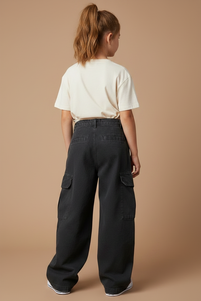 Pantalon Noir Cargo Ample Taille Haute Fille - Toile - vue 2