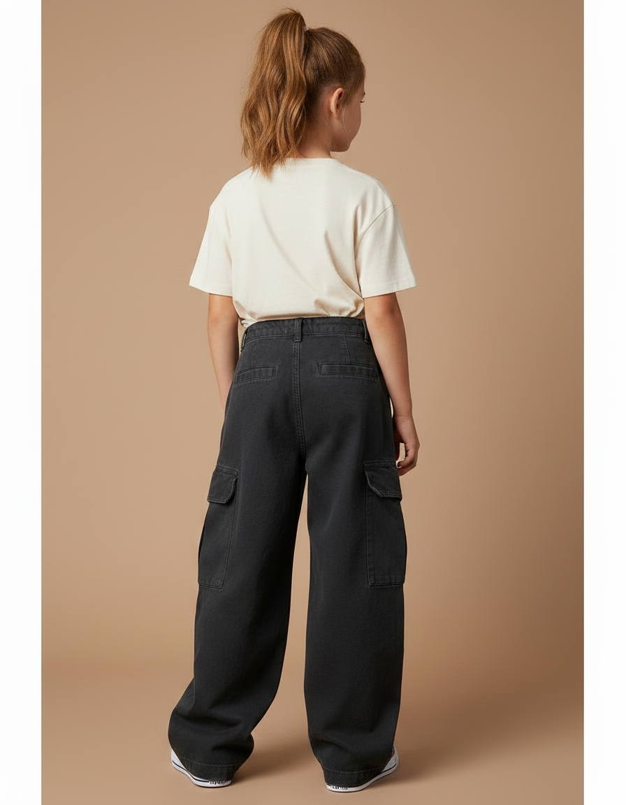 Pantalon Noir Cargo Ample Taille Haute Fille - Toile - vue 2