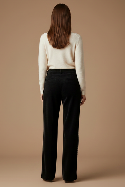 Pantalon Noir Côtelé Ample Décontracté Broderie - Cordé - vue 2