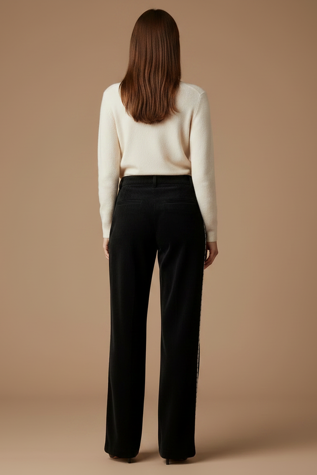 Pantalon Noir Côtelé Ample Décontracté Broderie - Cordé - vue 2