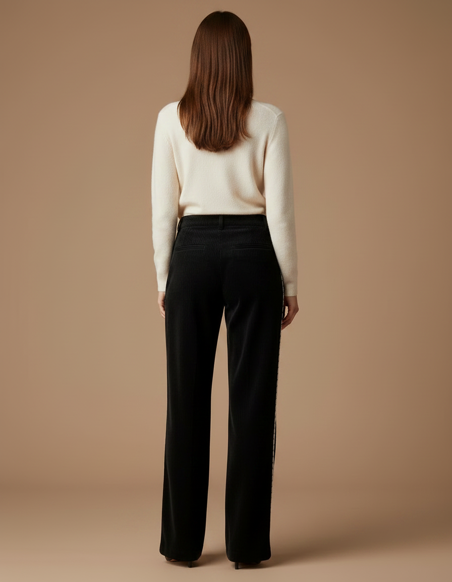 Pantalon Noir Côtelé Ample Décontracté Broderie - Cordé - vue 2
