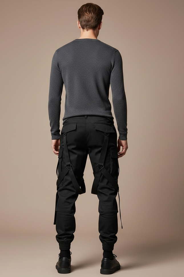 Pantalon Noir Cargo Streetwear Ample Sangles Homme - Toile - vue 2
