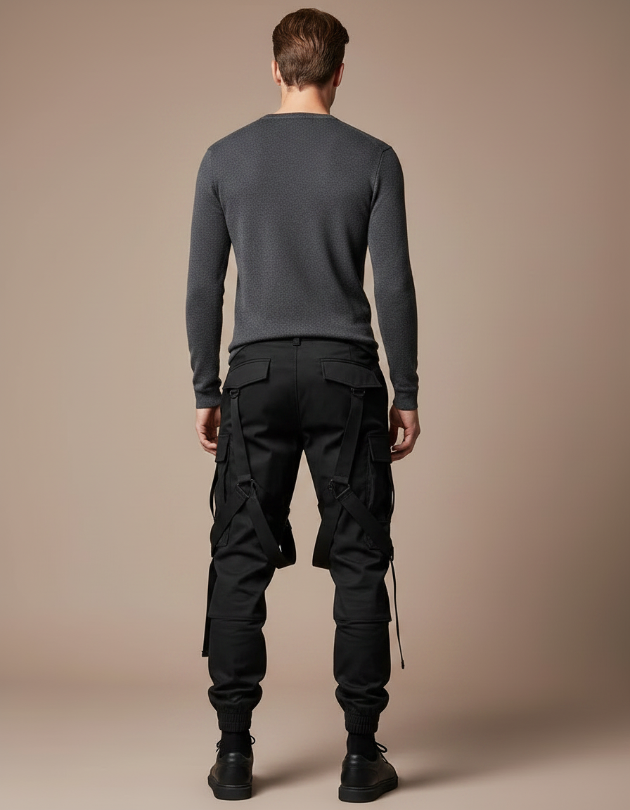 Pantalon Noir Cargo Streetwear Ample Sangles Homme - Toile - vue 2
