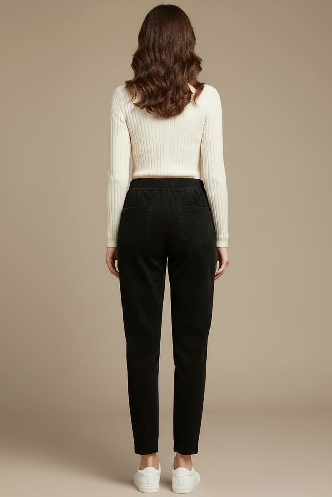 Pantalon Noir Côtelé Taille Haute Confortable Élastique Femme - Cordé - vue 2