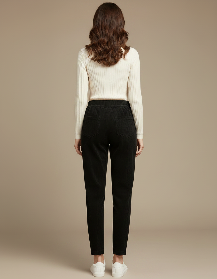 Pantalon Noir Côtelé Taille Haute Confortable Élastique Femme - Cordé - vue 2