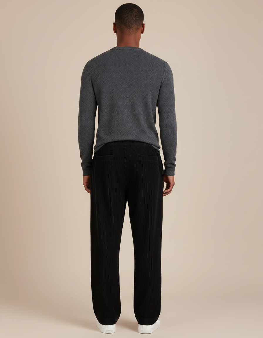 Pantalon Noir Côtelé Ample Décontracté Urbain - Cordé - vue 2