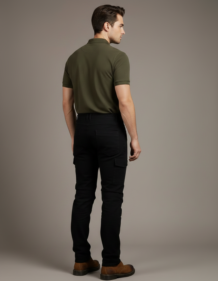 Pantalon Noir Cargo Ajusté Motard Homme Coton - vue 2