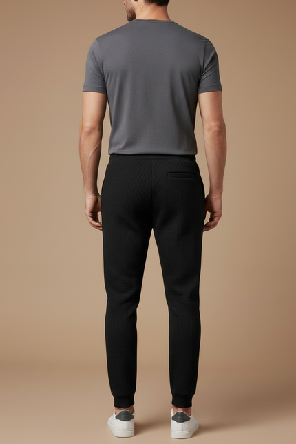 Pantalon Noir Texturé Coupe Ajustée Décontracté Avec Cordon - Maille - vue 2