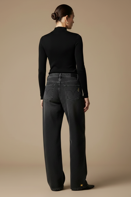 Pantalon Noir Large Délavé Brodé Femme - Jean - vue 2