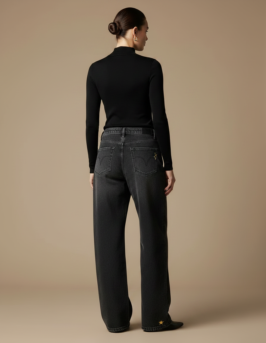 Pantalon Noir Large Délavé Brodé Femme - Jean - vue 2