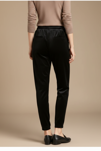 Pantalon Noir Velours Côtelé Carotte Taille Haute Décontracté - Cordé - vue 2