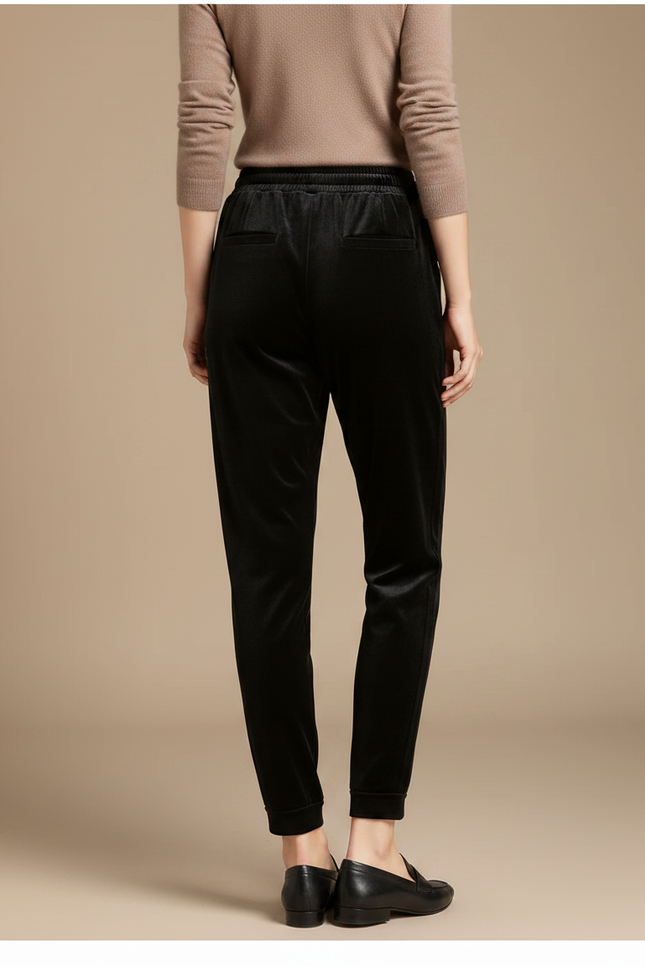 Pantalon Noir Velours Côtelé Carotte Taille Haute Décontracté - Cordé - vue 2