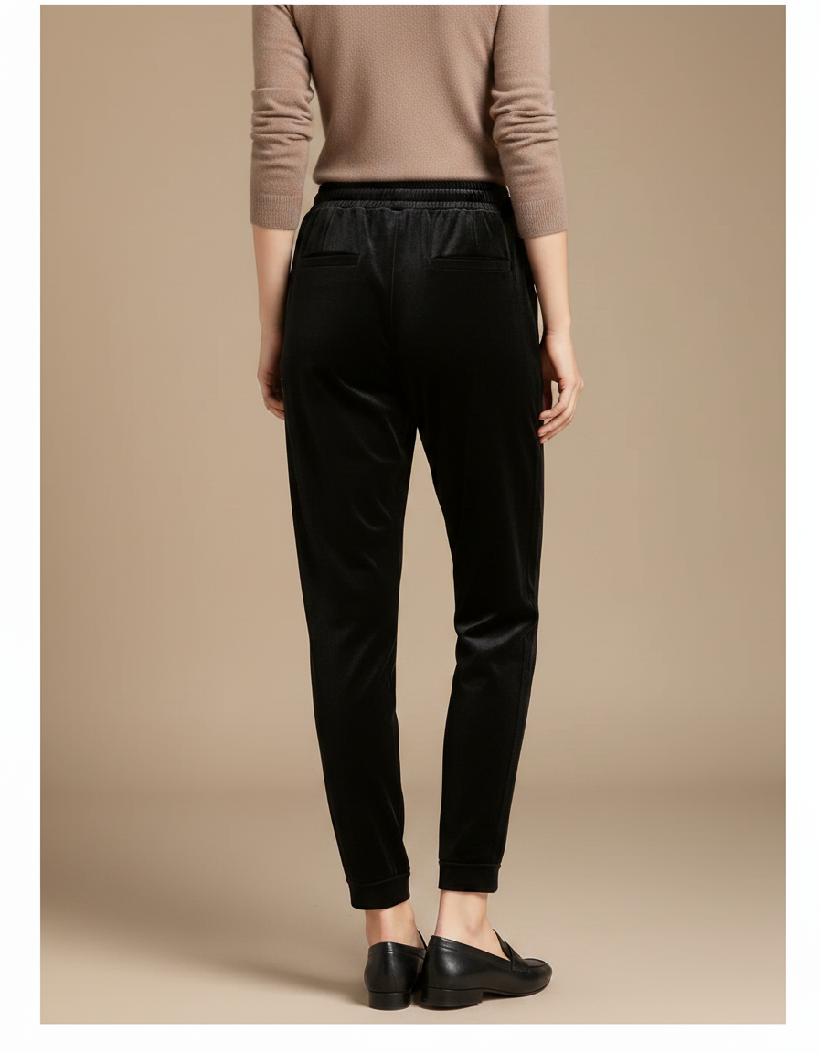 Pantalon Noir Velours Côtelé Carotte Taille Haute Décontracté - Cordé - vue 2