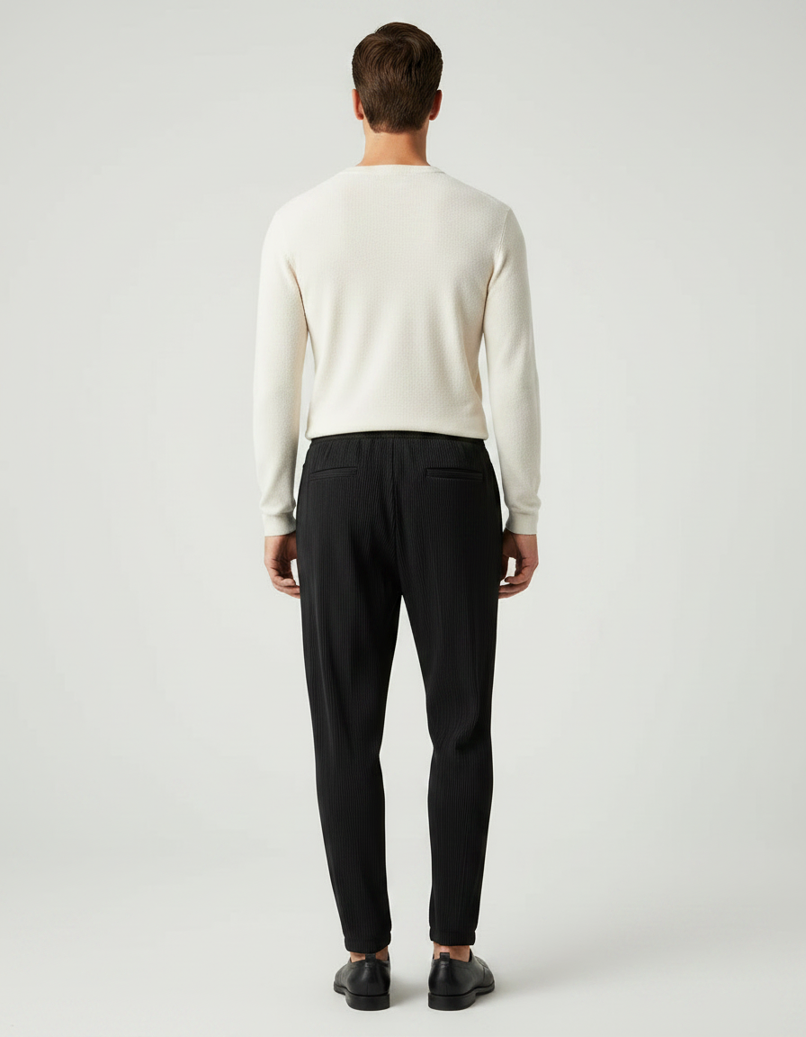Pantalon Noir Plissé, Ample, Cordon, Décontracté - Maille - vue 2
