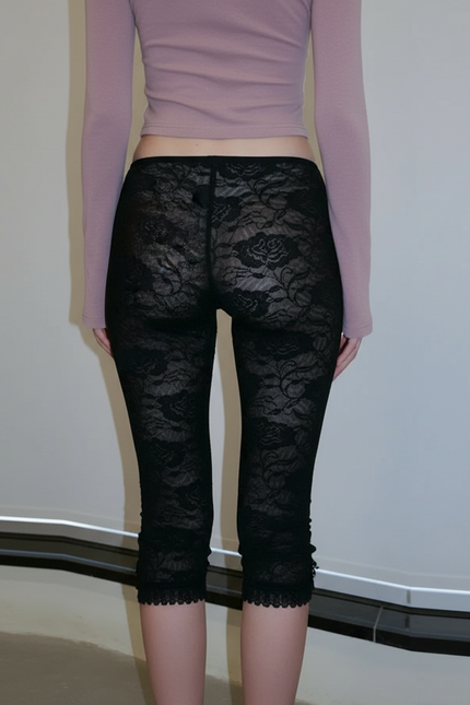 Pantalon Noir Dentelle Florale Transparente Évasé - Polyester