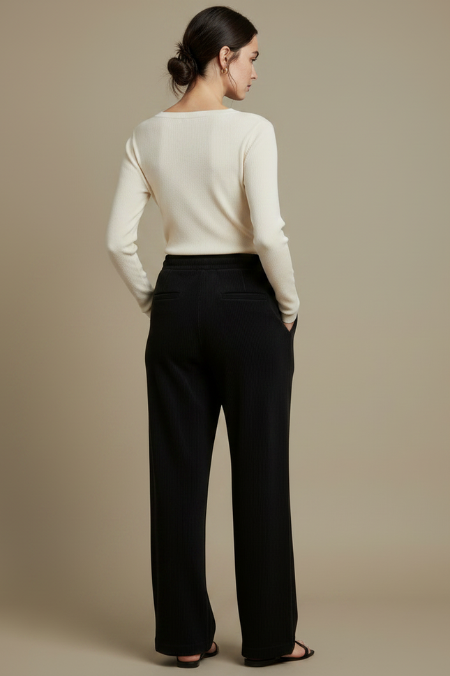 Pantalon Noir Côtelé Ample Taille Élastique Cordon Décontracté - Cordé - vue 2