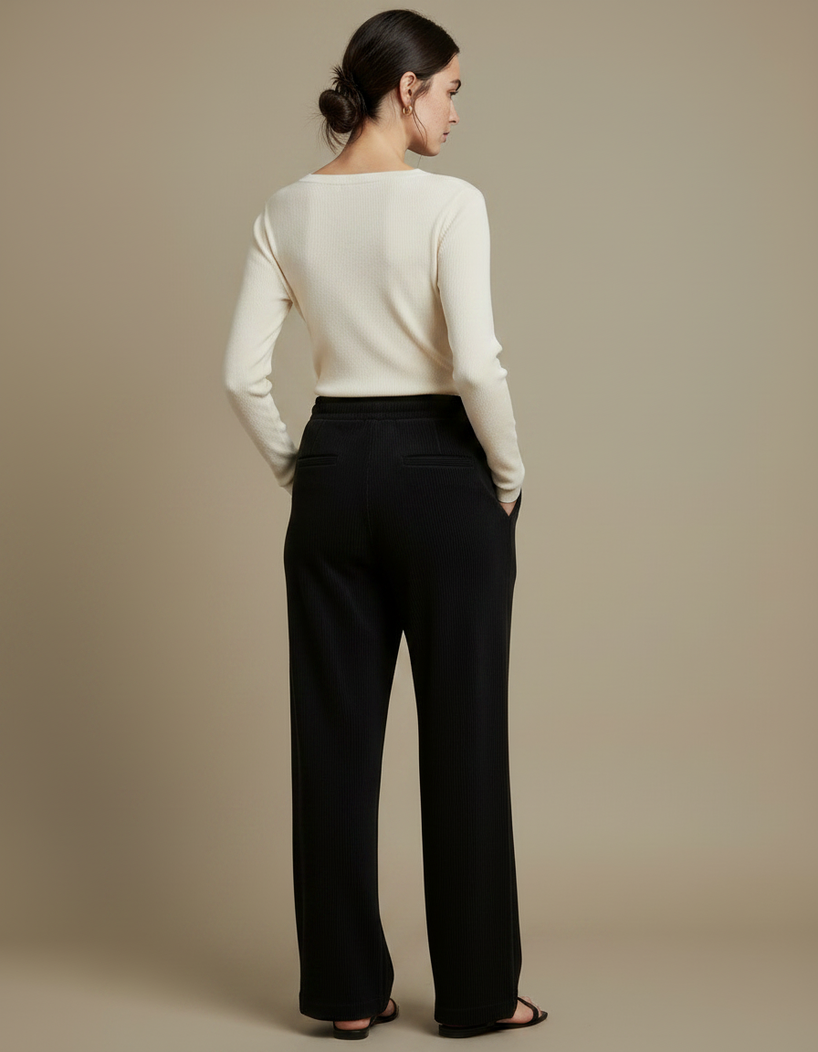 Pantalon Noir Côtelé Ample Taille Élastique Cordon Décontracté - Cordé - vue 2