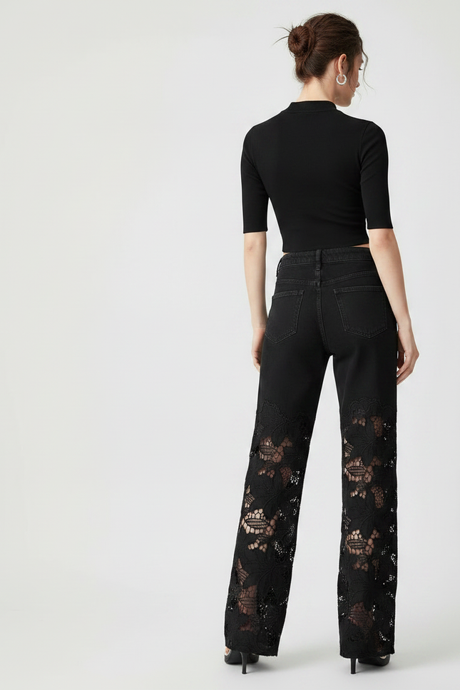 Pantalon Noir Large Dentelle Évidée Patchwork Femme - Jean - vue 2